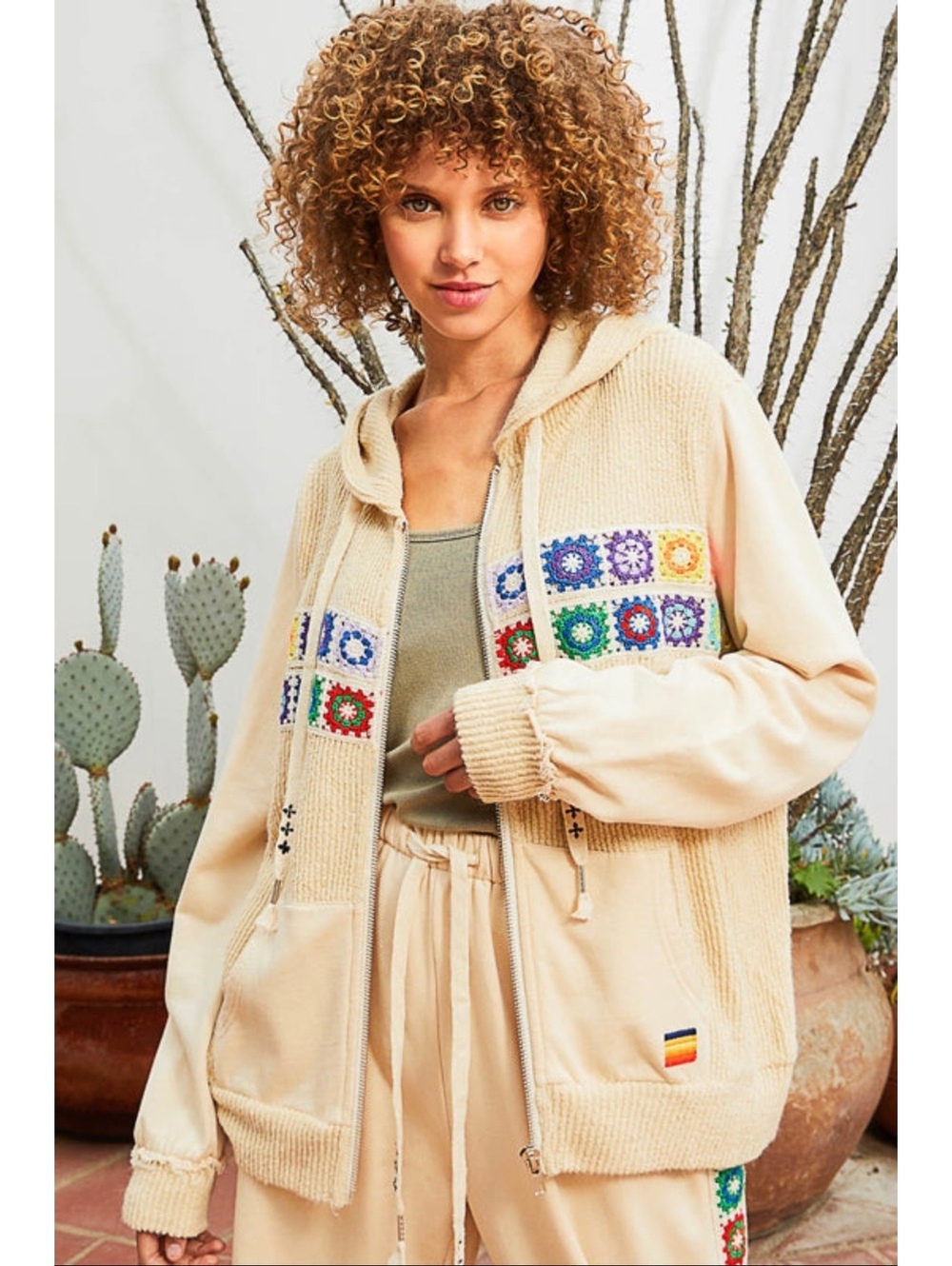 POL Cream Crochet Granny Square Hoodie Jogger 2 Piece Set Size L